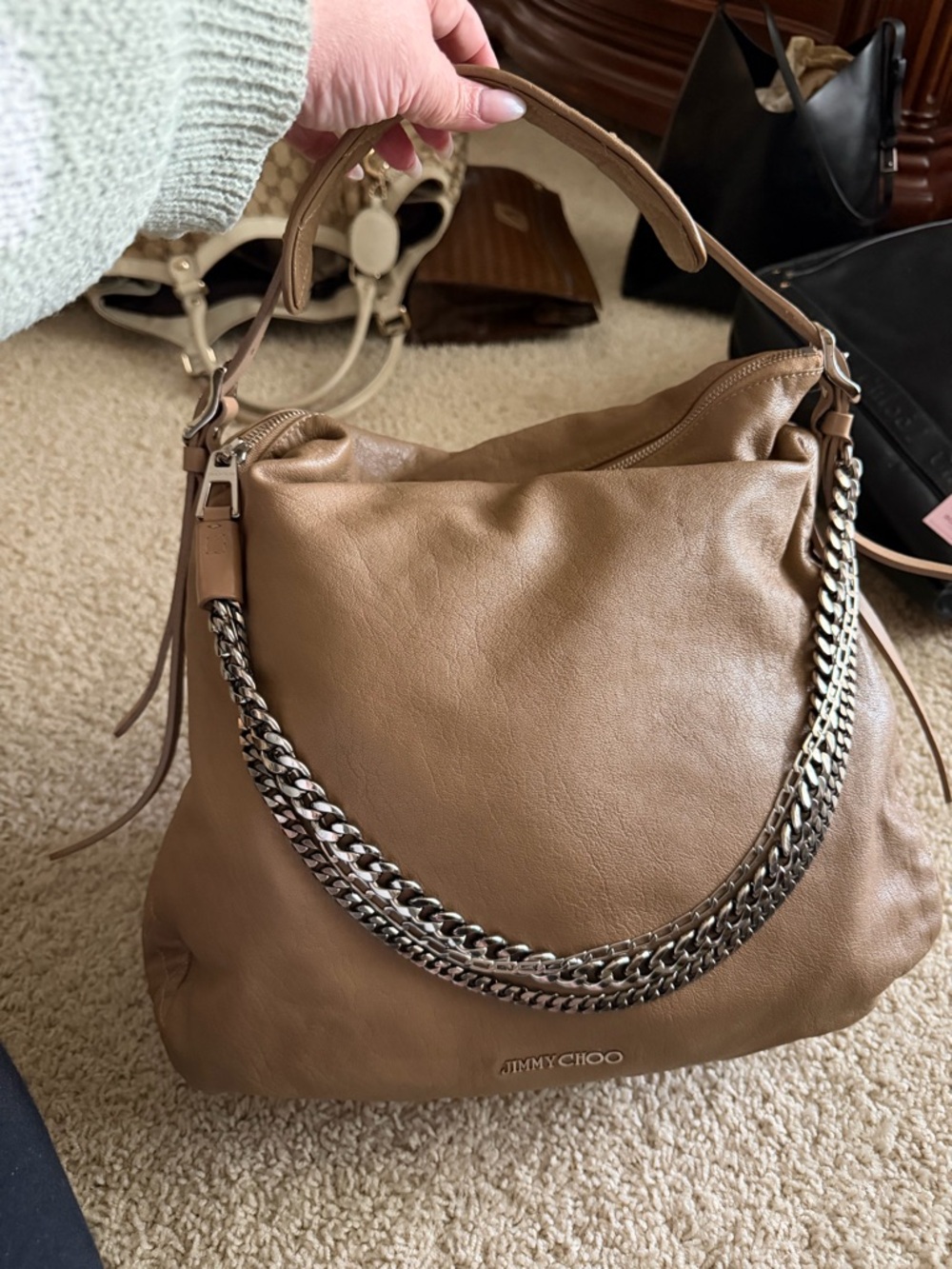 Jimmy Choo Brown Leather Shoulder Bag with Silver Chain